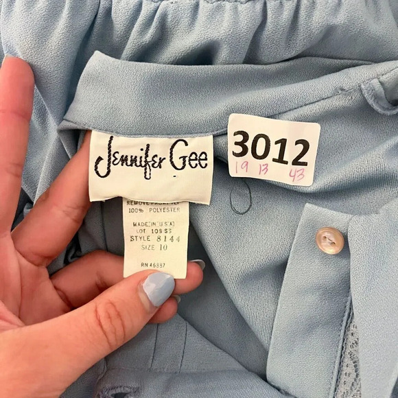 Vtg 70s Jennifer Gee Womens Blue A Line Dress 10 Lace Pleated Long Sleeve Belt - Picture 2 of 9